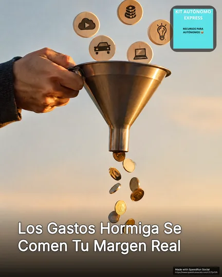 A hand holds a metal funnel under floating wooden icons of a car, a laptop and a lightbulb while coins drop out the bottom, with the Spanish headline Los Gastos Hormiga Se Comen Tu Margen Real