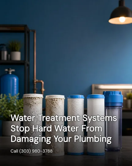 Five water filter cartridges in a row, the first two caked with scale, under the headline Water Treatment Systems Stop Hard Water From Damaging Your Plumbing and the business phone number